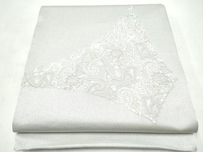 平和屋着物●太鼓柄袋帯　総刺繍　花唐草文　銀通し地　正絹　逸品　CABI9165hy