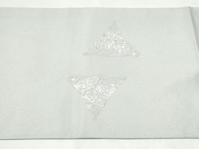 平和屋着物●太鼓柄袋帯　総刺繍　花唐草文　銀通し地　正絹　逸品　CABI9165hy