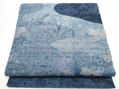 平和屋着物●太鼓柄袋帯　生紬　藍　草花文　正絹　逸品　CABI9175hy