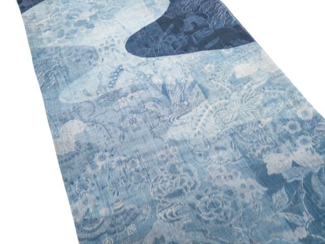 平和屋着物●太鼓柄袋帯　生紬　藍　草花文　正絹　逸品　CABI9175hy