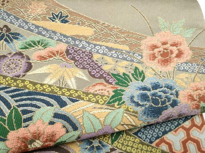平和屋着物●西陣　白綾苑大庭　六通柄袋帯　松竹梅花文　金糸　正絹　逸品　CABI9180hy