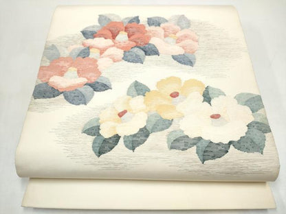 平和屋着物●西陣　杉村謹製　太鼓柄袋帯　すくい織　椿　証紙付き　正絹　逸品　CABI9183hy