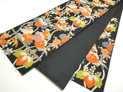 平和屋着物●六通柄　本袋帯　唐織　立涌草花文　黒地　金銀糸　正絹　逸品　CABI9185hy