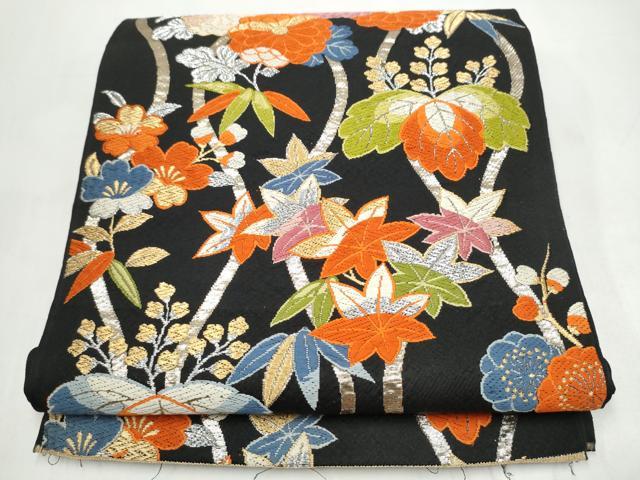 平和屋着物●六通柄　本袋帯　唐織　立涌草花文　黒地　金銀糸　正絹　逸品　CABI9185hy