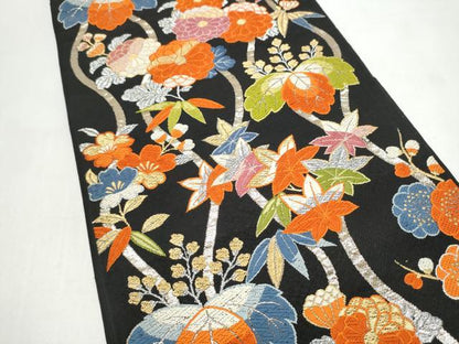 平和屋着物●六通柄　本袋帯　唐織　立涌草花文　黒地　金銀糸　正絹　逸品　CABI9185hy