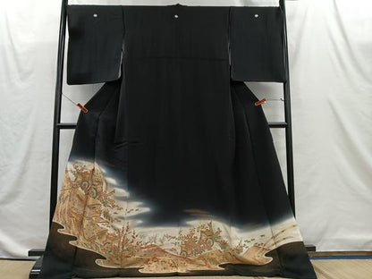 平和屋着物■豪華黒留袖　寿光織　御所車花文　金糸　正絹　逸品　CABI9232ua
