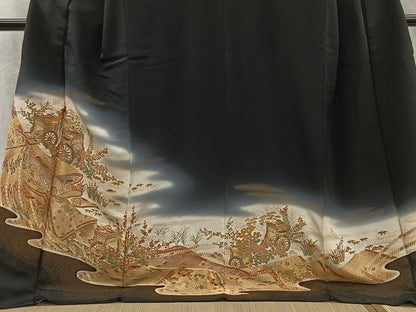 平和屋着物■豪華黒留袖　寿光織　御所車花文　金糸　正絹　逸品　CABI9232ua