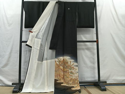 平和屋着物■豪華黒留袖　寿光織　御所車花文　金糸　正絹　逸品　CABI9232ua