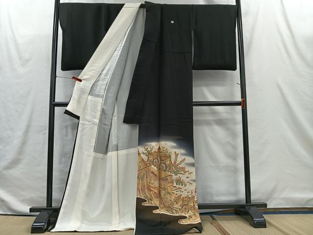 平和屋着物■豪華黒留袖　寿光織　御所車花文　金糸　正絹　逸品　CABI9232ua