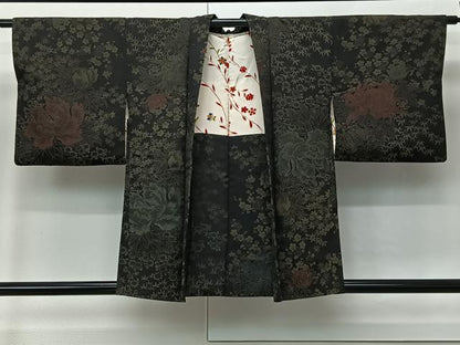 平和屋着物∞羽織　寿光織　牡丹　黒地　銀糸　正絹　逸品　CABI9268ua