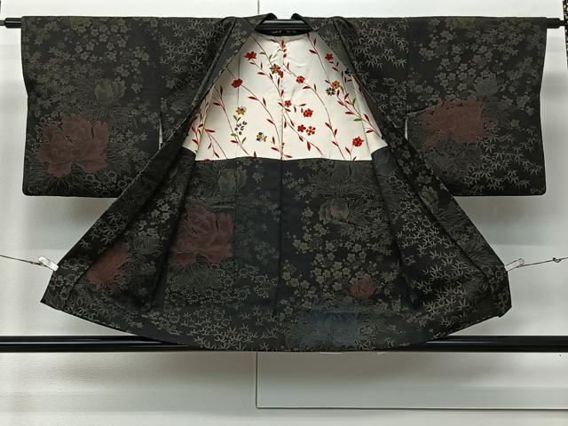 平和屋着物∞羽織　寿光織　牡丹　黒地　銀糸　正絹　逸品　CABI9268ua