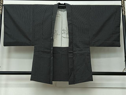 平和屋着物∞男性　羽織　お召地　縞　黒地　大丸扱い　正絹　逸品　CABI9273ua