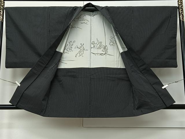 平和屋着物∞男性　羽織　お召地　縞　黒地　大丸扱い　正絹　逸品　CABI9273ua