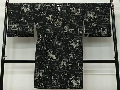 平和屋着物∞道中着　お召地　幾何学文　黒地　ロング丈　正絹　逸品　CABI9275ua
