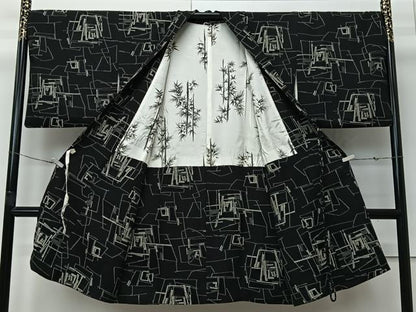 平和屋着物∞道中着　お召地　幾何学文　黒地　ロング丈　正絹　逸品　CABI9275ua