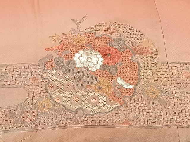 平和屋着物∞中国三大刺繍　スワトウ刺繍　道行コート　翠山刺繍　雪輪草花文　暈し染め　金銀彩　反端付き　正絹　逸品　未使用　CABI9281ua