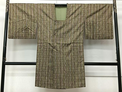 平和屋着物∞道行コート　紬地　縞　ロング丈　ますいわ屋扱い　正絹　逸品　CABI9282ua