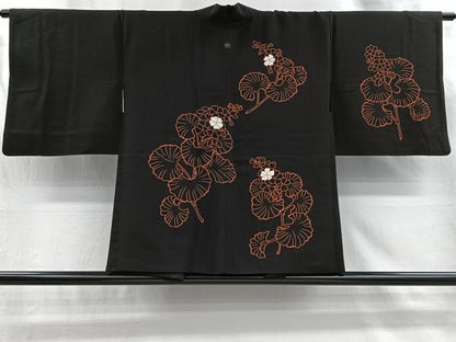 平和屋着物＃羽織　刺繍　草花文　黒地　正絹　逸品　CABI9297ua