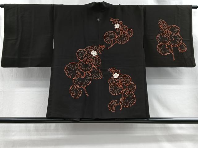 平和屋着物＃羽織　刺繍　草花文　黒地　正絹　逸品　CABI9297ua