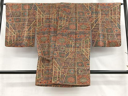 平和屋着物＃道中着　更紗花唐草文　鬼しぼ縮緬　正絹　逸品　CABI9320ua