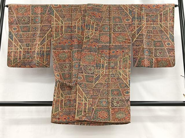 平和屋着物＃道中着　更紗花唐草文　鬼しぼ縮緬　正絹　逸品　CABI9320ua