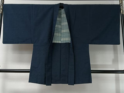 平和屋着物＃男性　長羽織　髭紬　鉄紺色　正絹　逸品　CABI9340ua