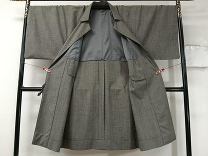 平和屋着物＃男性　和装コート　角袖　色無地　鉛色　ロング丈　正絹　逸品　CABI9344ua