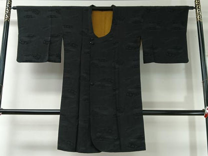 平和屋着物＃道行コート　地紙松地紋　黒地　ロング丈　正絹　逸品　CABI9348ua