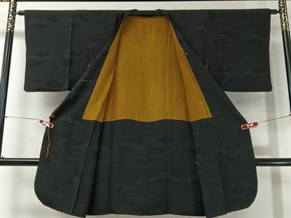 平和屋着物＃道行コート　地紙松地紋　黒地　ロング丈　正絹　逸品　CABI9348ua