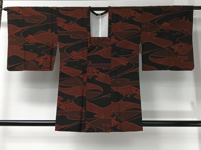 平和屋着物＃道行コート　風景文　黒地　正絹　逸品　CABI9354ua