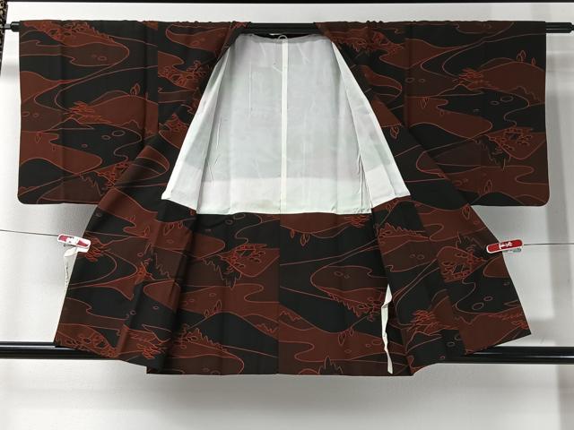 平和屋着物＃道行コート　風景文　黒地　正絹　逸品　CABI9354ua