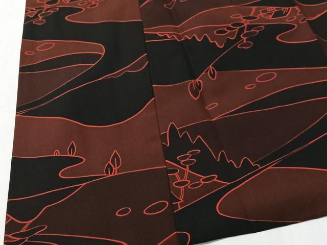 平和屋着物＃道行コート　風景文　黒地　正絹　逸品　CABI9354ua