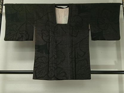平和屋着物＃道行コート　舞葉文　黒地　金通し地　正絹　逸品　CABI9363ua