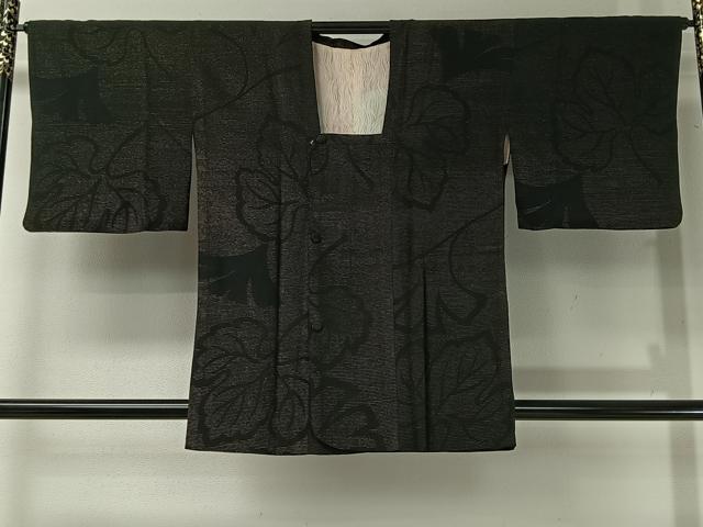 平和屋着物＃道行コート　舞葉文　黒地　金通し地　正絹　逸品　CABI9363ua