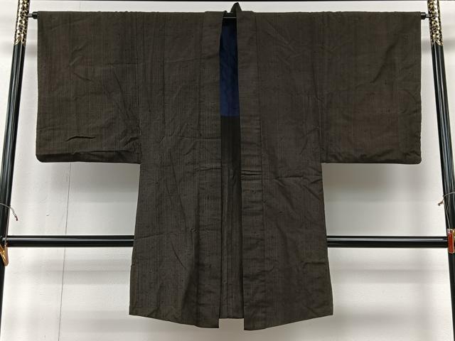 平和屋着物＃男性　長羽織　髭紬地　縞　正絹　逸品　CABI9379ua