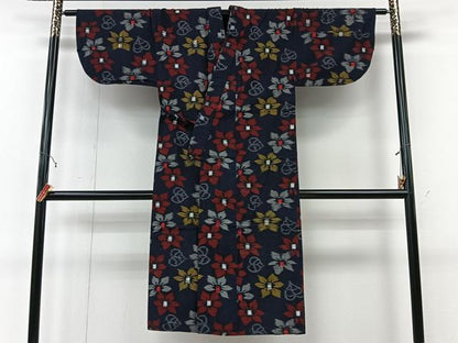 平和屋着物＃久留米絣　道中着　単衣　草花文　ロング丈　綿　逸品　CABI9381ua