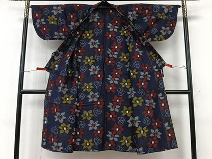 平和屋着物＃久留米絣　道中着　単衣　草花文　ロング丈　綿　逸品　CABI9381ua