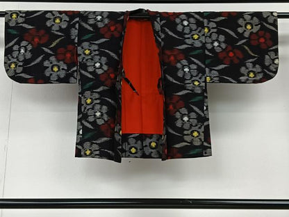 平和屋着物＃久留米絣　草花文　黒地　綿　逸品　CABI9383ua