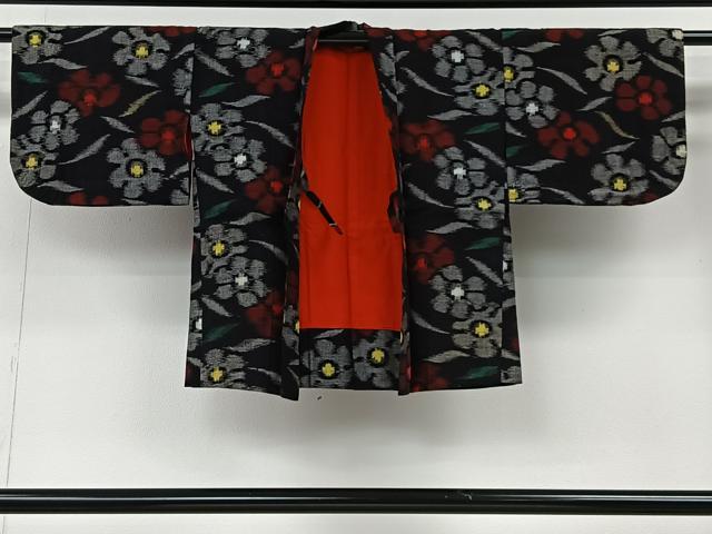 平和屋着物＃久留米絣　草花文　黒地　綿　逸品　CABI9383ua
