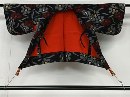 平和屋着物＃久留米絣　草花文　黒地　綿　逸品　CABI9383ua