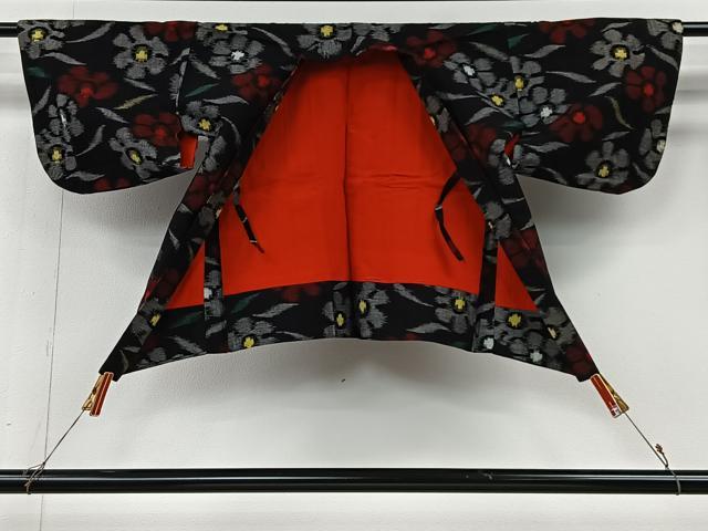 平和屋着物＃久留米絣　草花文　黒地　綿　逸品　CABI9383ua