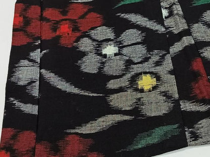 平和屋着物＃久留米絣　草花文　黒地　綿　逸品　CABI9383ua