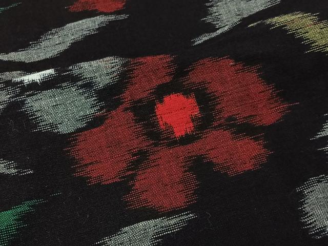 平和屋着物＃久留米絣　草花文　黒地　綿　逸品　CABI9383ua