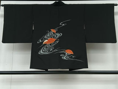 平和屋着物＃羽織　駒刺繍　流水草葉文　黒地　金糸　正絹　逸品　CABI9388ua