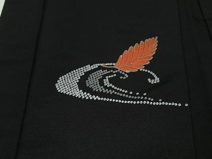 平和屋着物＃羽織　駒刺繍　流水草葉文　黒地　金糸　正絹　逸品　CABI9388ua