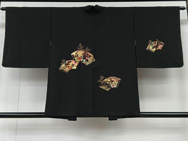 平和屋着物＃羽織　刺繍　地紙花文　黒地　金彩　正絹　逸品　未使用　CABI9390ua