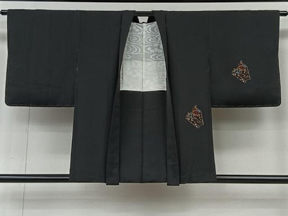 平和屋着物＃羽織　刺繍　地紙花文　黒地　金彩　正絹　逸品　未使用　CABI9390ua