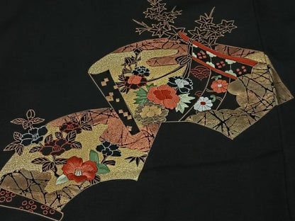 平和屋着物＃羽織　刺繍　地紙花文　黒地　金彩　正絹　逸品　未使用　CABI9390ua
