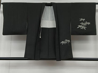 平和屋着物＃羽織　刺繍　笹竹文　黒地　正絹　逸品　CABI9391ua