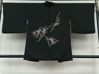 平和屋着物＃羽織　絞り　枝花文　黒地　正絹　逸品　CABI9392ua